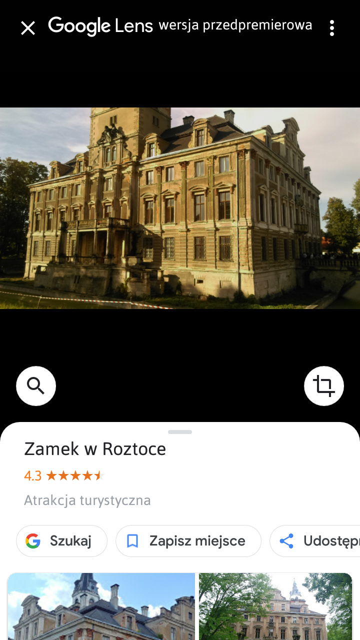 Google Lens rozpoznało Zamek w Roztoce